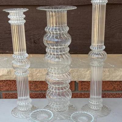 (3) Vintage Bubble Stem Delicate Glass Candle Holders With Inserts
