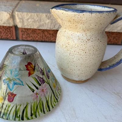 Vintage Stoneware Pottery Pitcher And Hand Painted Crackle Glass Lamp Shade With Butterflies