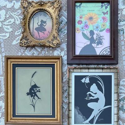 (4) Vintage Fairy Sprite Silhouettes With Glass Front Wood Frames