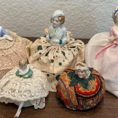 (5) Antique Porcelain Half Doll Handmade Pincushions