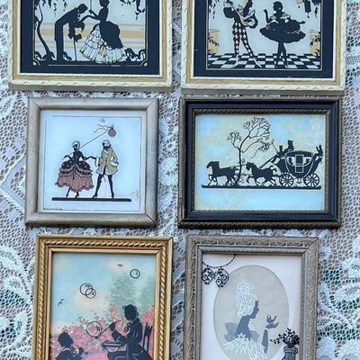 (6) Vintage Miniature Silhouettes With Wood Frames - (1) Convex Glass Front (as Is)