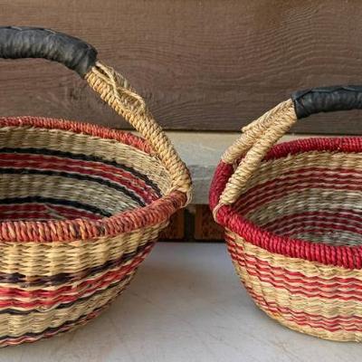 Pair Of Leather Wrap Handled Woven Baskets