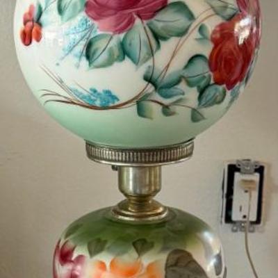 Hand Painted Rose Floral Gone With The Wind Lamp With Brass Vase