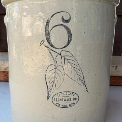 Antique Late 1800's 6 Gallon Union Stoneware Co. Red Wing Minnesota Crock With Birch Leaf