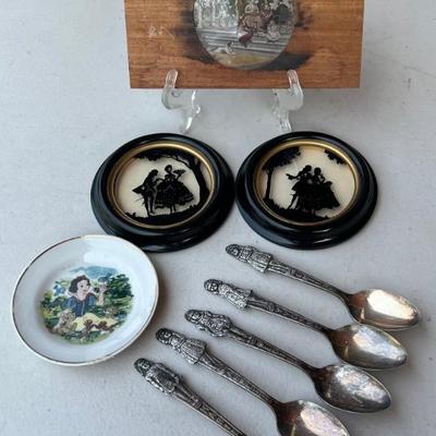 Eclectic Lot - Antique Painted Glass, (2) Silhouettes, Marks Snow White Dish, (5) Carlton Silverplate Spoons