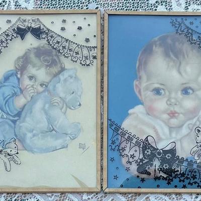 Pair Of Small Vintage Baby Litho Prints With Convex Glass Fronts - (1) Maudtousey Fangel