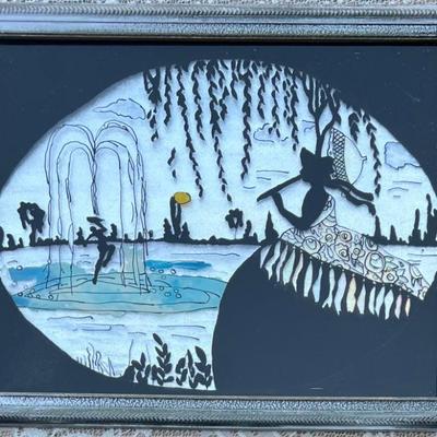 Antique 15.5" Hand Painted Silhouette With Custom Silver Tone Wood Frame And Glass Front
