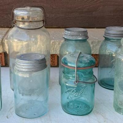 Lot Of Antique Ball Blue Glass Jars With Zinc Lids, Theo Bruder Bottle