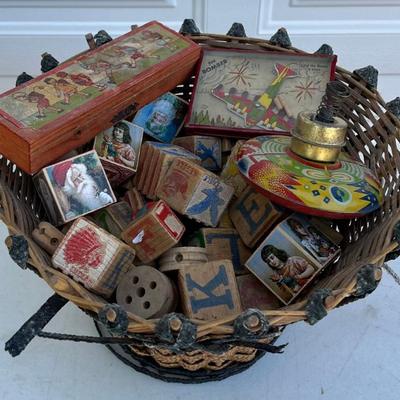 Basket Of Vintage And Antique Wooden Children's Blocks And Assorted Toys