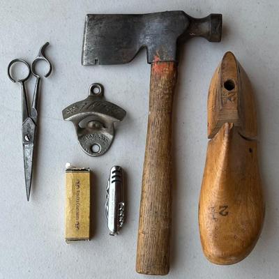 Vintage Carpenters Hatchet, 7up Bottle Opener, Red Imp Scissors, Pocket Knife, And Wooden Shoe Sizer