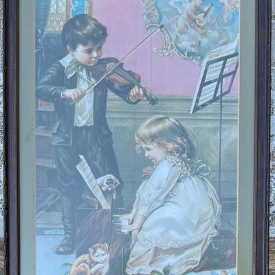 Vintage " The Music Lesson" Print With Glass Front Wood Frame