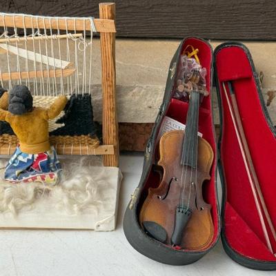 Vintage Hand Made Native American Doll Weaver And Miniature La Colophane Violin In Original Box