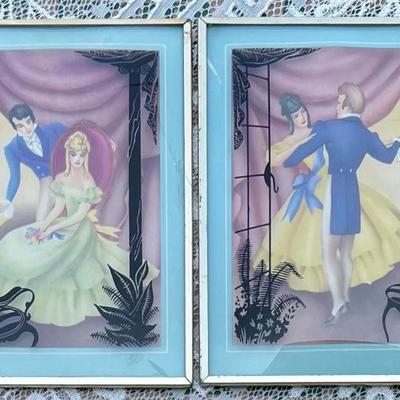Vintage Pair Of 6" X 8" Convex Glass Silhouettes With Brass Frames