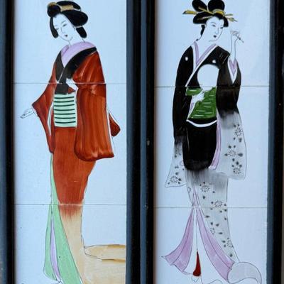 Vintage Pair Of Enesco Framed Geisha Girl Hand Painted 3 Piece Ceramic Tile Wall Art Signed By Artist