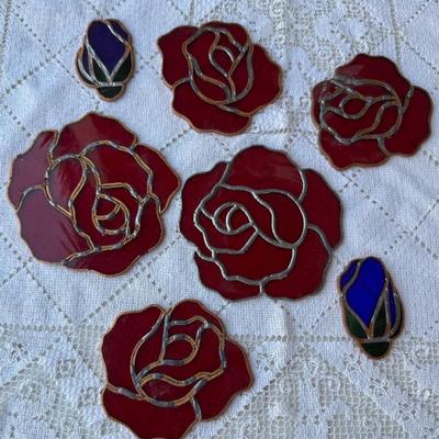 (7) Vintage Hand Made Stained Glass Flowers