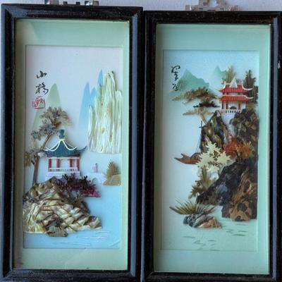 Pair Of Vintage Chinese Shadow Box 3D Shell Carving Pictures