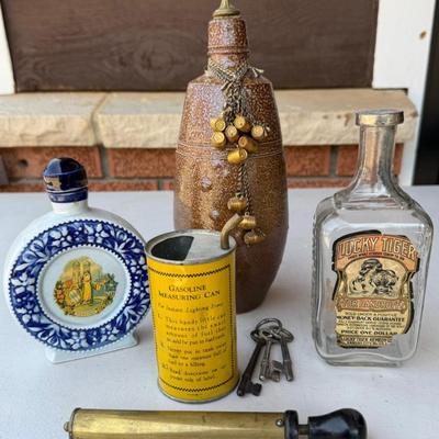 Stoneware Wine Bottle, Lucky Tiger Glass Bottle, Franz Ellsong Bottle, Keys, Brass Air Pump, And More