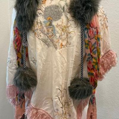 (2) Art Deco Silk Scarves - Dyed, Peacock With Fringe - And Faux Fur Collar
