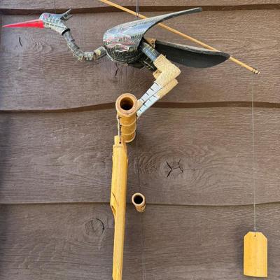 Bamboo And Wood Hand Painted Crane Folk Art Wind Chime