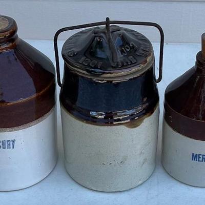 (2) Antique Stoneware Mercury Bottles With Corks And The Weir No. 2 Lidded Jar 1901
