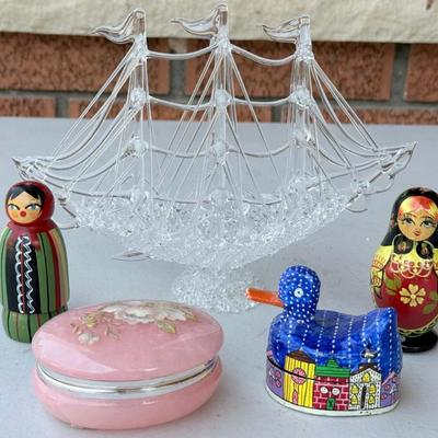 Hand Painted Nesting Dolls, Nesting Thread Doll, Duck Trinket Box, Alabaster Trinket Box, Art Glass Ship
