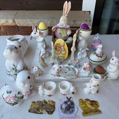 Easter Decor - Avon 1980-85 Ceramic Bunnies, Ceramic And Wood Eggs, Basket, And More