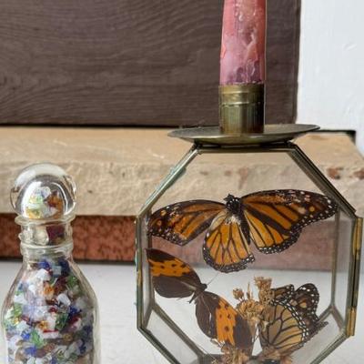 Bottle Of Crushed Glass, Brass And Glass Candle Holder With Preserved Butterflies