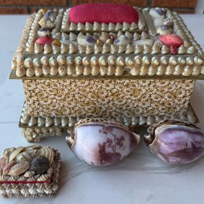 (2) Vintage Folk Art Sea Shell Boxes - (1) As Is, And A Kangaroo And Dolphin Carved Cameo Sea Shell