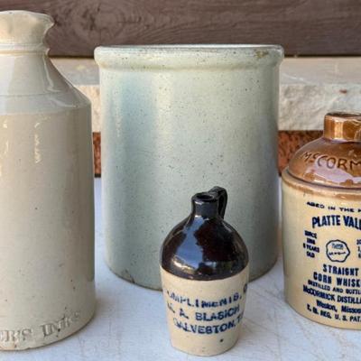 Antique Carter's Inks Stoneware Jug, Stoneware Crock, M. A. Blasich Miniature Jug, And Plat Valley Whiskey Jug