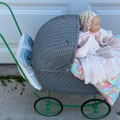 Vintage Wicker And Metal Child's Baby Buggy With Antique Composite Baby Doll