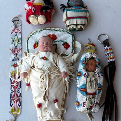 (2) Hand Made Papoose Babies With Seed Bead Trim, (2) Rock Native American Dolls, Seed Bead Cuff And Key Chain
