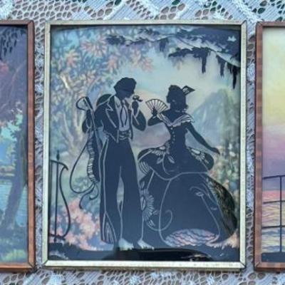 (3) Miniature Art Deco Silhouettes With Convex Glass And Metal Frames