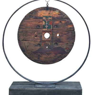 Antique Hand Made Suspended 5 Foot High Folk Art Piece With Steel Frame And Railroad Timber Base