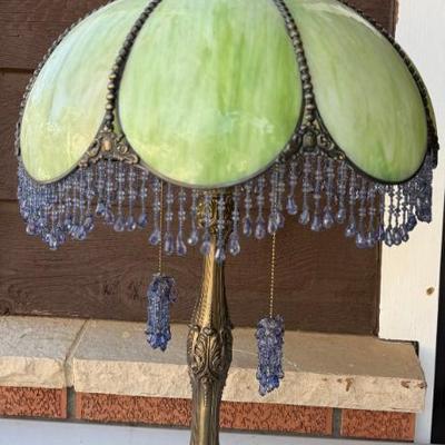 Art Nouveau Green Slag Glass Shade Double Pull Lamp With Bronze Tone Base