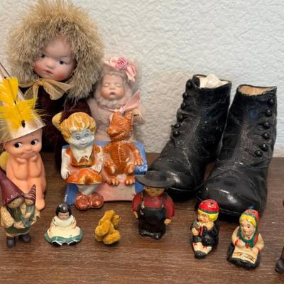 Celluloid Nebraska Souvenir Doll, Porcelain Toothpick Holder, Leather Shoes, Cameo Kewpie, And More