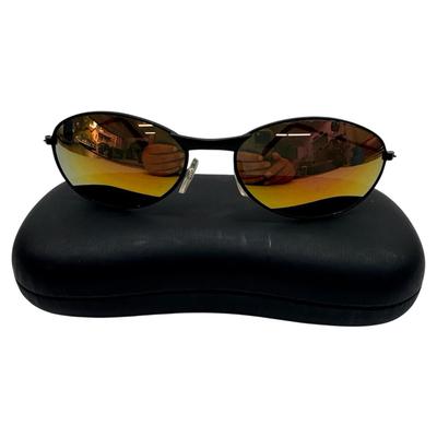 Vintage Oval Sunglasses Black Frame Yellow Mirror Lenses Retro 90s Biker Style w/ Case