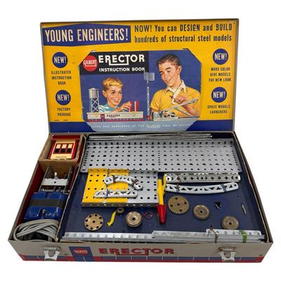 Vintage 1959 Gilbert Erector Set No. 10053 Rocket Launcher 50th Anniversary w/ Motor & Parts 