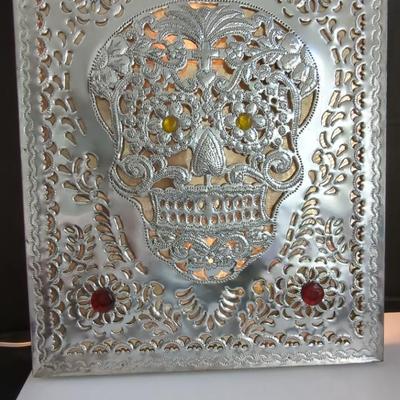 Day of the Dead Sugar Skull Metal Wall Art 27"x21" Backlit Gem Inlays​