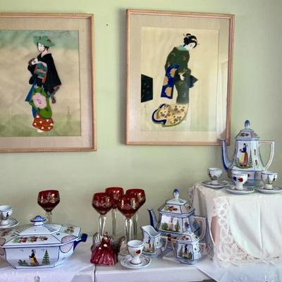 Viintage Asian Art, silk and rice paper. Quimper