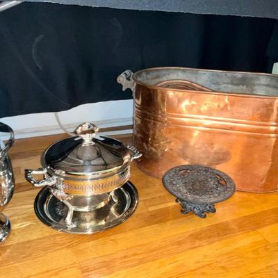 Vintage, Copper steamer with lid, silver plate chaffing dishes  
