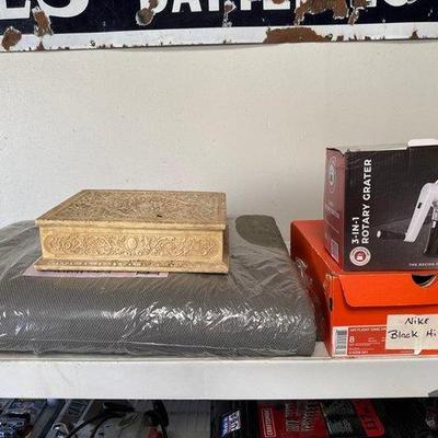 20036 • jewelry box, persian rug, 3 in 1 rotary grater and nike shoes