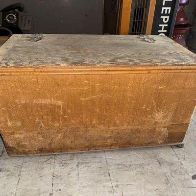 778 • wooden trunk with decorative tin collection