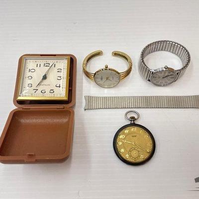 24 • clock, pocket watch, 2 watches and watch band