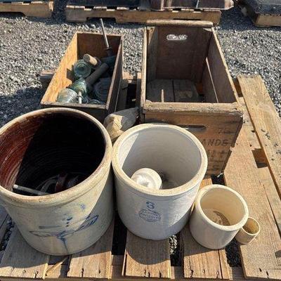 910 • 4 crocks, 2 wooden crates, glass insulators