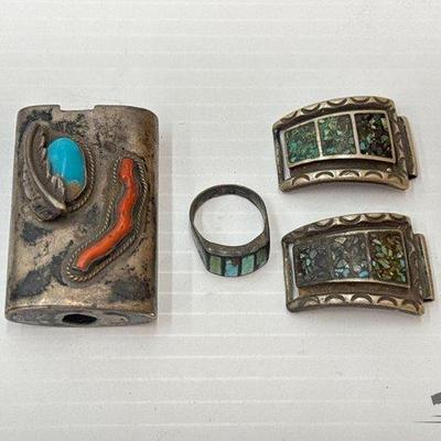 20 • sterling silver lighter case, watch band tip ends & ring, 81.7g