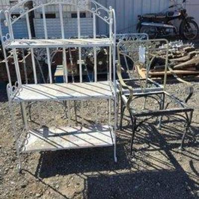 80014 • (4) metal chairs & metal garden shelf