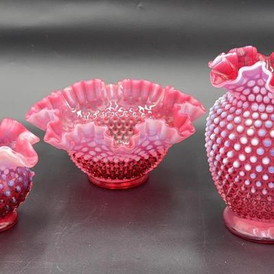 Fenton Cranberry Pink Hobnail Glass Trio