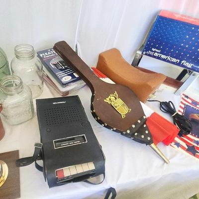 Vintage Collectibles & American Flags, Vintage Cassette Recorder, Fireplace Tools, Glass Bottles