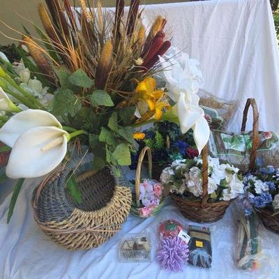 Artificial Flowers, Baskets, Green Moss, & Craft Items