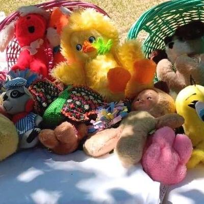 Easterling Baskets With Toys & Vintage Rushton Baby Doll